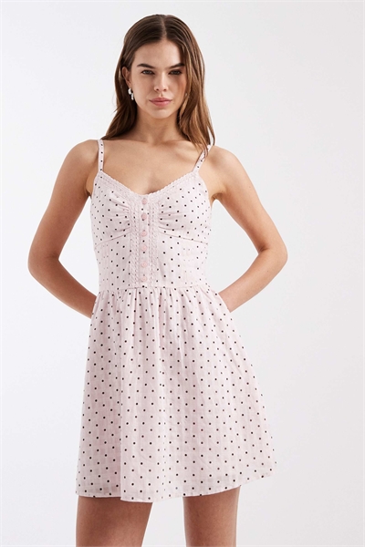 Мини-платье с бретелями и пуговицами спереди, в розовую горошку артикул 155638836