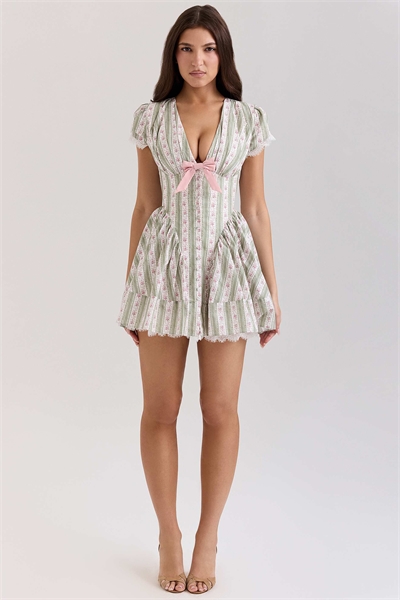 Мини-платье Emiliana из эластичного хлопка с зелеными полосками и цветочным принтом артикул 149049370