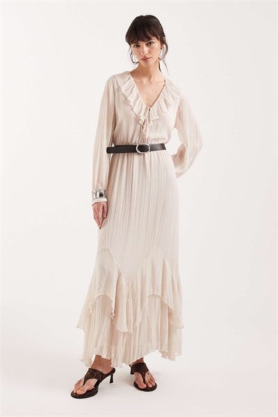 Макси-платье с воланами и глубоким вырезом натурального цвета артикул 155128907