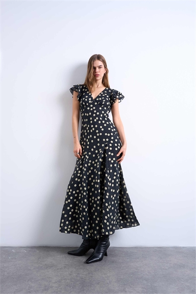 Платье средней длины с рукавами-крылышками и V-образным вырезом в монохромную точку артикул 149622986