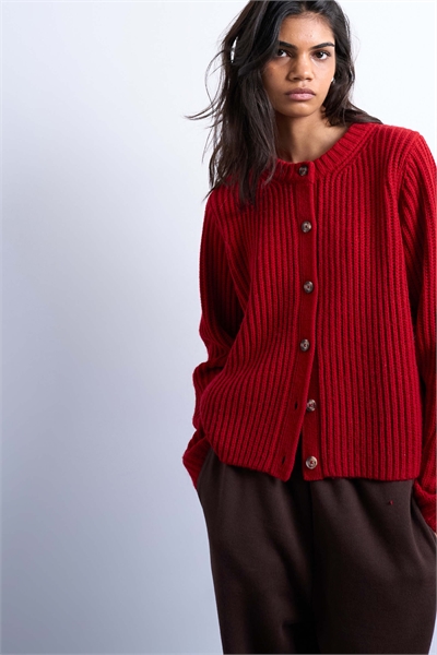 Вязаный кардиган свободного кроя с ребристой горловиной и пуговицами артикул 142659547