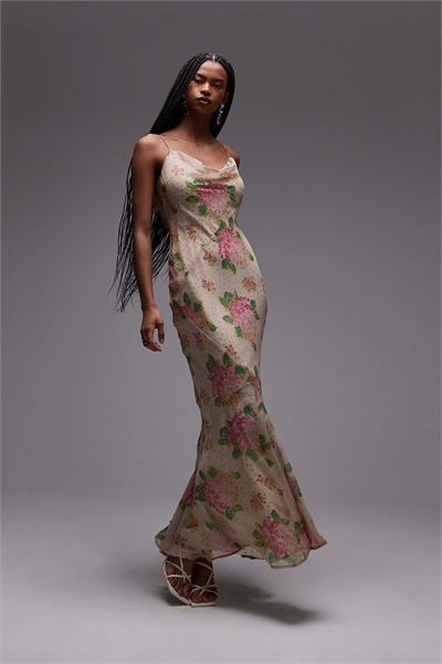 Двухслойное макси-платье-комбинация из атласа и шифона артикул 140312058