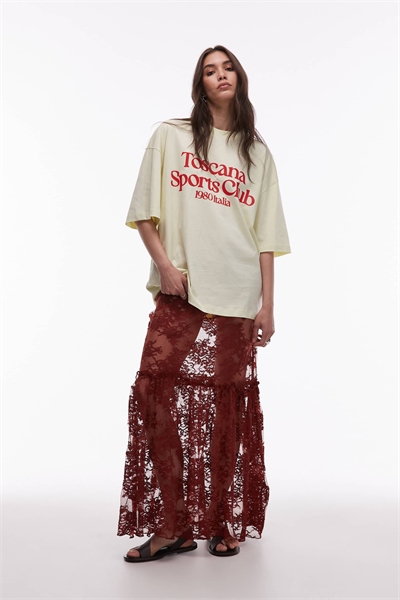 Макси-юбка из прозрачного кружева с рюшами по шву артикул 140556551