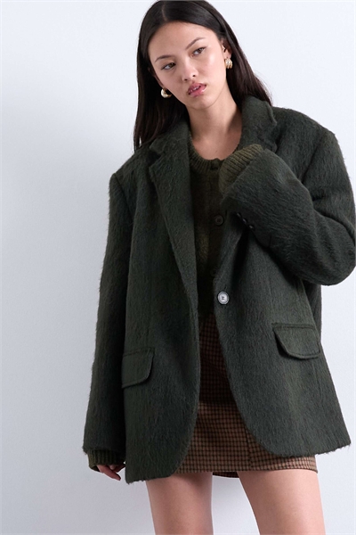 Длинное пальто-блейзер из шерсти с ворсовой отделкой и одной пуговицей артикул 142325478