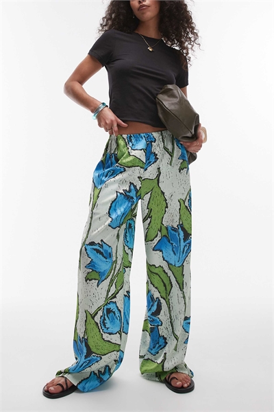 Широкие брюки из атласа с цветочным принтом в зеленых и голубых тонах, надеваемые через голову артикул 140702117