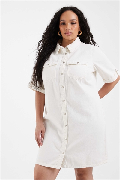 Джинсовое мини-платье с короткими рукавами и пуговицами спереди, кремового цвета артикул 153815091