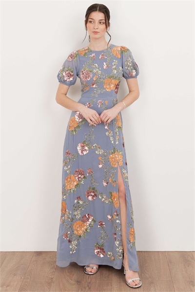 Макси-платье с открытой спиной и украшенными рукавами-буфами, синего цвета «вистерия» артикул 156298503