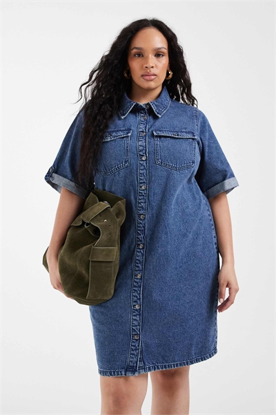 Джинсовое мини-платье с короткими рукавами и пуговицами спереди, средне-синего цвета артикул 153815092