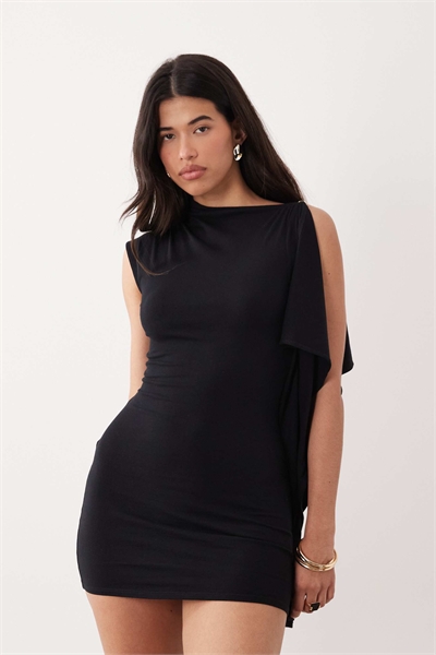 Мини-платье с одним рукавом и капюшоном, с расплавленными пуговицами черного цвета артикул 155708084