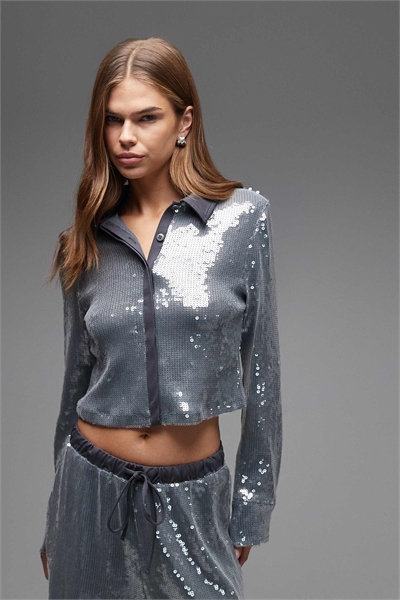 Рубашка из стекла с пайетками и контрастным воротником co-ord артикул 150204289