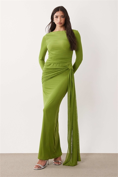 Макси-платье с длинными рукавами из сетки зеленого цвета артикул 155426445