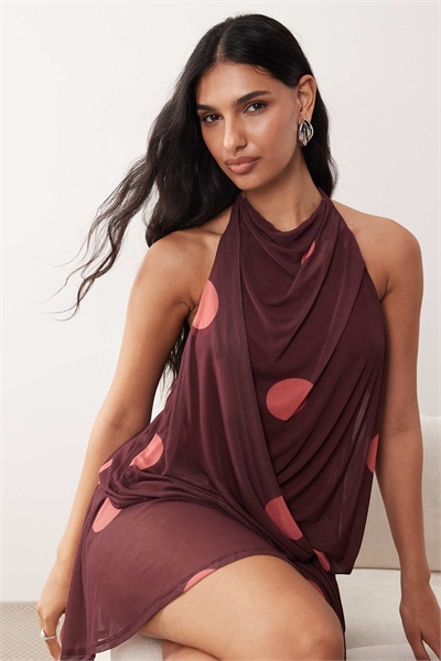 Мини-платье с задрапированным верхом из принтованной сетки и блузоном в горошек артикул 155811196