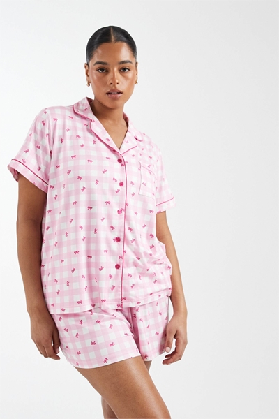 Пижамный комплект из сверхмягкого джерси с розовым клетчатым принтом: рубашка с короткими рукавами и шорты артикул 151898789