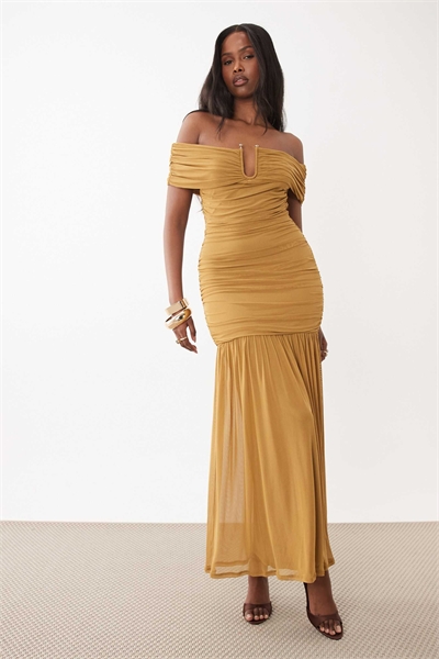 Макси-платье с заниженной талией, с рюшами и сетчатым верхом, с бронзовой отделкой из проволоки артикул 155586654