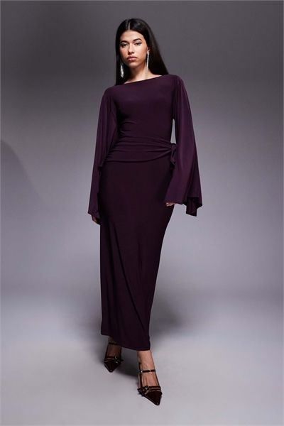 Макси-платье с завышенной талией и рукавами-крыльями в сливовом цвете артикул 154694725