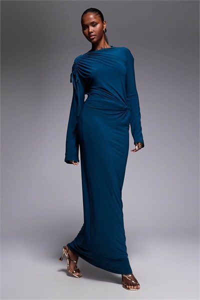 Длинное платье с драпированным высоким воротником, завязанным на талии, и длинными рукавами цвета морской волны артикул 154871653