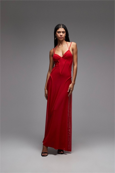 Макси-платье из сетки с открытыми швами красного цвета артикул 155092656