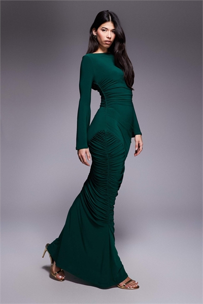 Скульптурное макси-платье с длинными рукавами и панелями зеленого цвета артикул 154295952