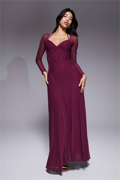 Макси-платье с длинными рукавами из сетки с открытыми швами глубокого сливового цвета артикул 151777632