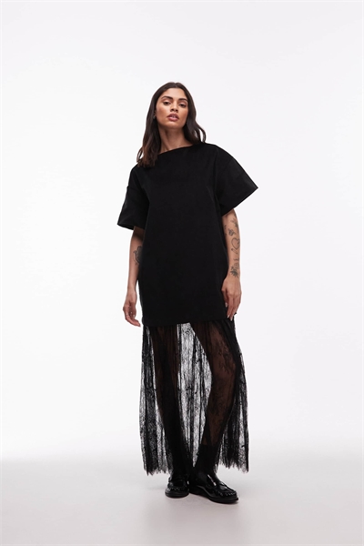 Хибридное макси-платье из шнуркового трикотажа с кружевной юбкой черного цвета артикул 153365900