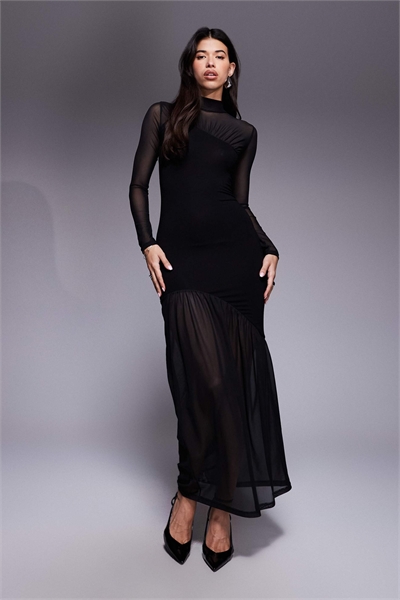 Макси-платье с высоким воротником из прозрачной сетки с панелями, черного цвета артикул 153330590