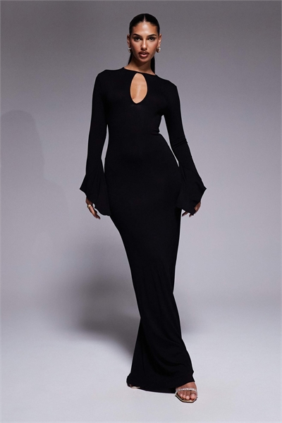 Асимметричное макси-платье с рукавами-крыльями черного цвета артикул 153402920