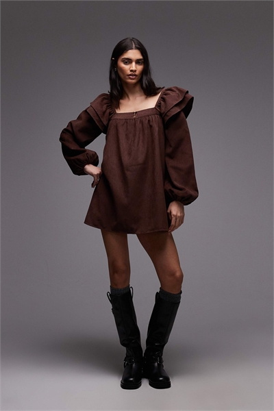 Мини-платье-сарафан с квадратным вырезом и оборками из шнурка, шоколадного цвета артикул 153532564