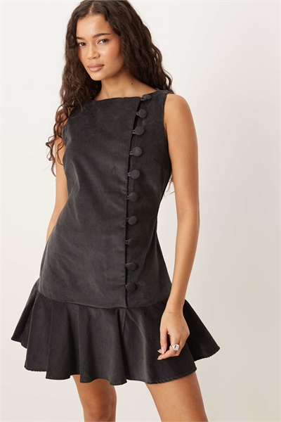 Мини-платье с V-образным вырезом, заниженной талией и асимметричными пуговицами, цвет угольно-серый артикул 153113650