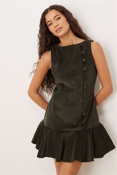 Мини-платье с вырезом на шее, заниженной талией и асимметричными пуговицами темно-зеленого цвета артикул 153113646