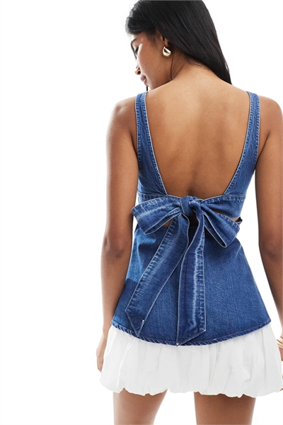 Топ из денима с баской и бантиком на спине артикул 148485227