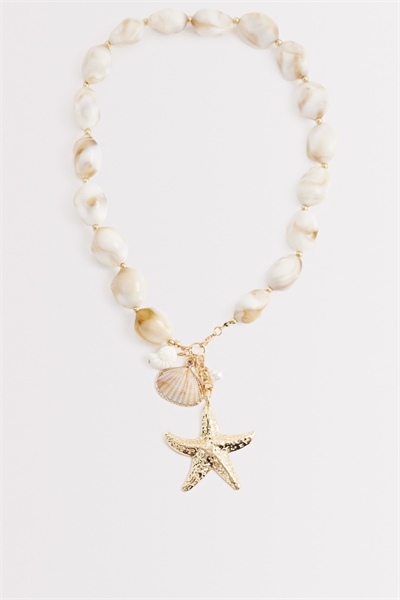 Ожерелье из бисера в виде морских звезд и камней нейтральных оттенков артикул 152701993