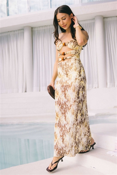 Пляжное платье макси из сетчатой ткани с абстрактным принтом и вырезами артикул 151303186