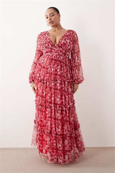 Макси-платье с длинными рукавами, многослойным тюлем и цветочным принтом в розовом и красном цветах артикул 154416423
