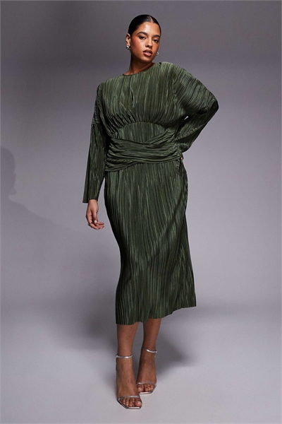 ASOS DESIGN Curve Плиссированное платье средней длины с драпировкой на талии и длинными рукавами, цвет хаки артикул 152469920