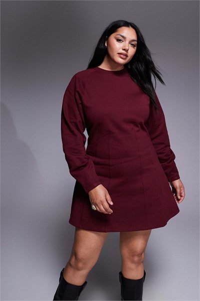 ASOS DESIGN Curve корсет с талией, хлопковое мини-платье-свитшот, бордовое - BURGUNDY артикул 148610344