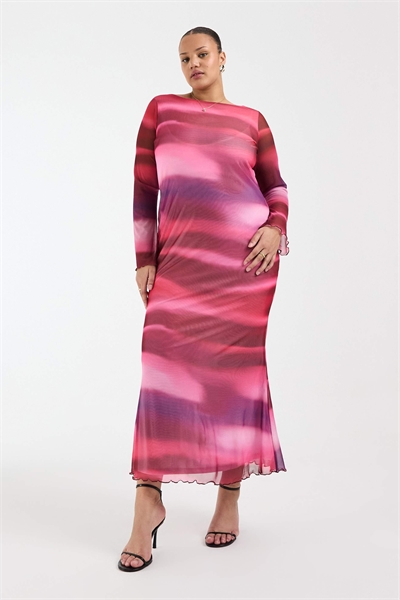 Макси-платье с длинными рукавами из сетки с абстрактным принтом розового цвета артикул 153084284