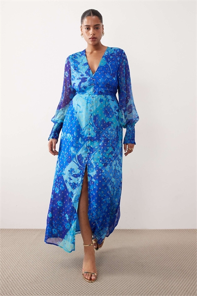 Длинное платье с V-образным вырезом, пуговицами спереди и длинными рукавами, синего цвета с цветочным принтом артикул 153363354