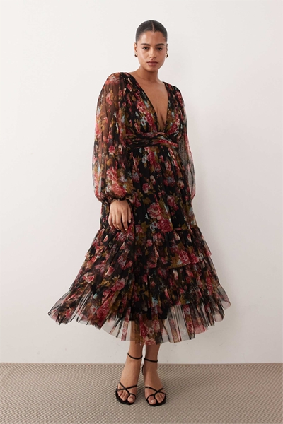 Платье-миди с длинными рукавами и черным цветочным принтом артикул 154416412