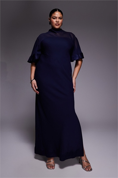 ASOS DESIGN Curve Платье из шифона и атласа с контрастными элементами, с полуширокими рукавами, темно-синего цвета артикул 153255224