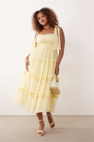 Платье-миди из тюля с бантиком на плече для подружки невесты, цвет лимонный артикул 154416420