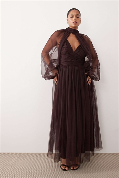 Макси-платье из тюля с съемными рукавами шоколадного цвета артикул 153787684