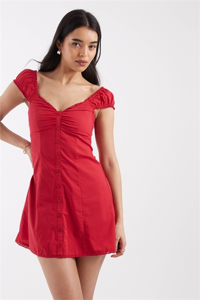 Мини-платье с рукавами-крылышками и пуговицами, красного цвета артикул 155650483