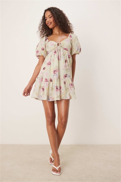 Мини-платье с буфетными рукавами и завязкой спереди, с зеленым цветочным принтом артикул 144909230