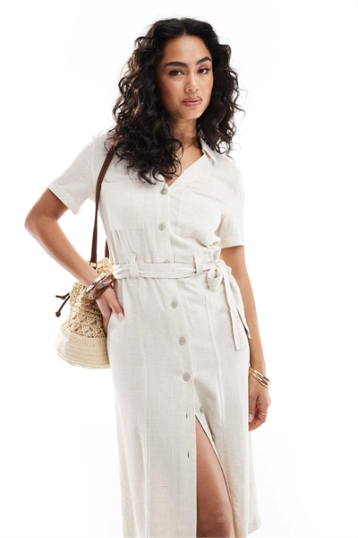 Платье-рубашка с завязкой на талии из смешанного льна кремового цвета артикул 141528067