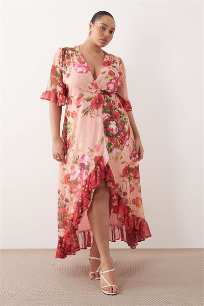 Макси-платье с рукавами-колокольчиками и розовым цветочным принтом артикул 153363355