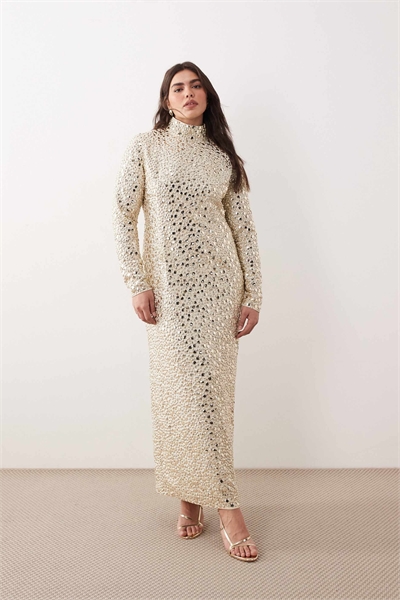 Длинное платье с высоким воротником, длинными рукавами и текстурными пайетками цвета сливочного масла артикул 151701935