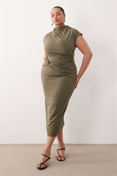 Платье-миди с рукавами-крылышками и облегающим кроем, цвет хаки артикул 154337307