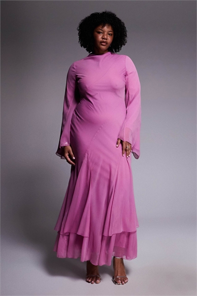 ASOS DESIGN Curve длинное платье с длинными рукавами, многослойным годе и косым кроем, розового цвета артикул 154231795