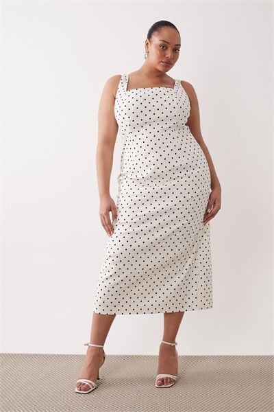 Эластичное платье средней длины из смешанного льна в горошек артикул 153120569