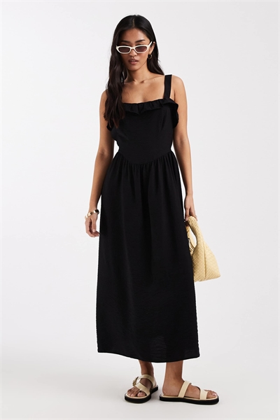 Платье-миди с бретелями и оборками черного цвета артикул 155322940